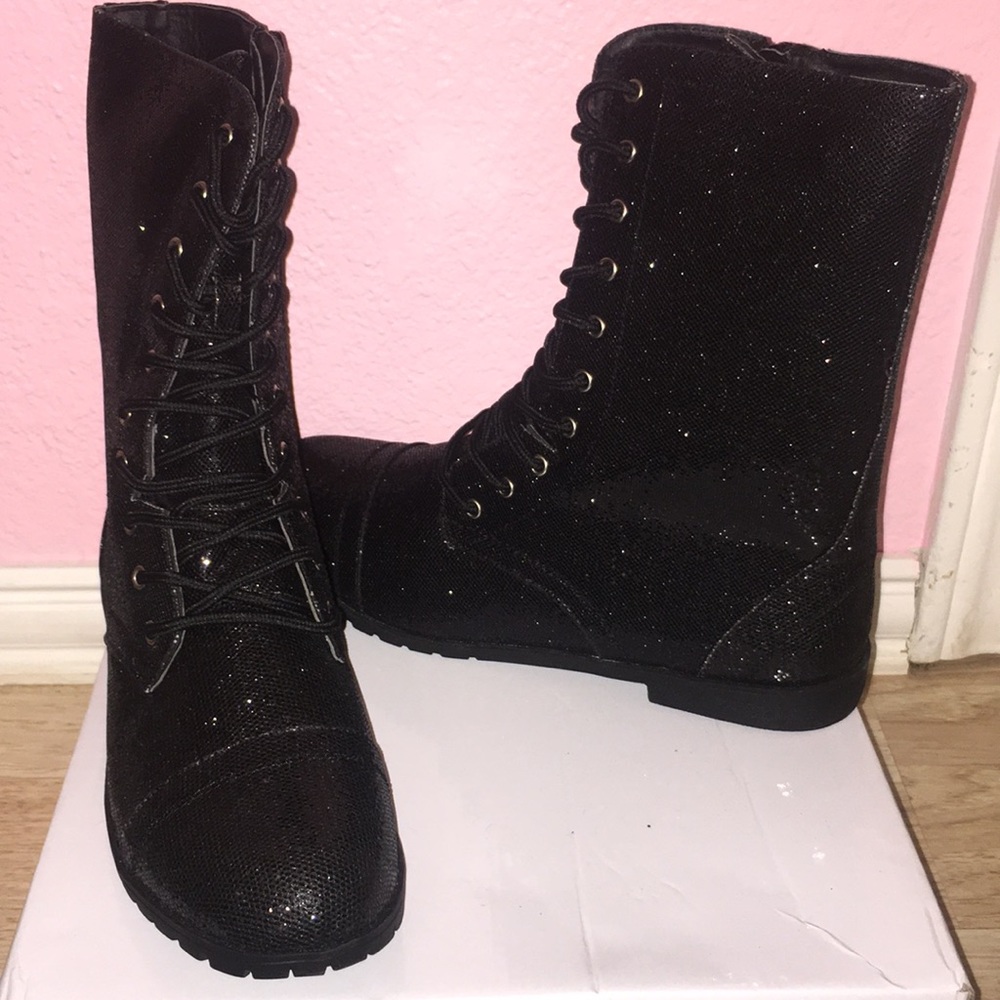 Black sparkly combat boots